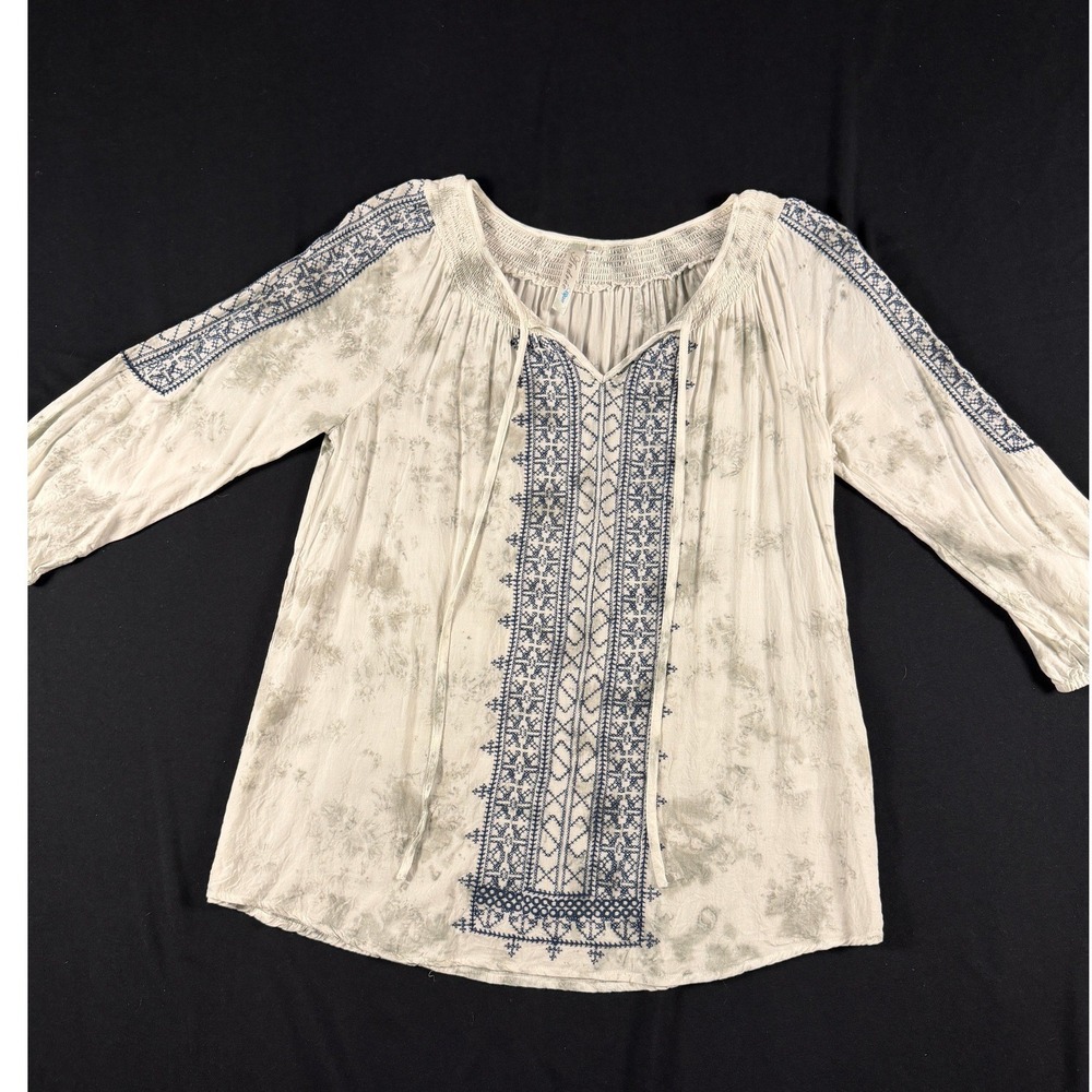 Andree Blue White Blue Embroidered Tie Dye Peasant Blouse Small Hippie‎ Festival